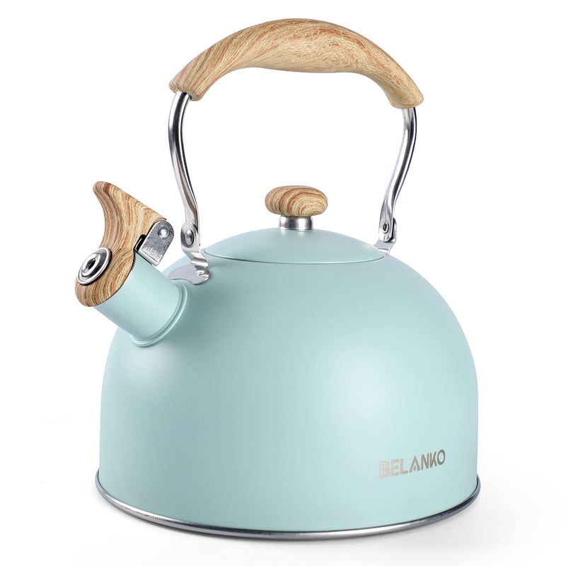 BELANKO Tea Kettle, BELANKO 85 OZ / 2.5 Liter Whistling Tea Kettle, Tea Pots for Stove Top Food Grade Stainless Steel with Wood Pattern Folding Handle, Loud Whistle Kettle for Tea, Coffee, Milk - Turquoise - Image 1
